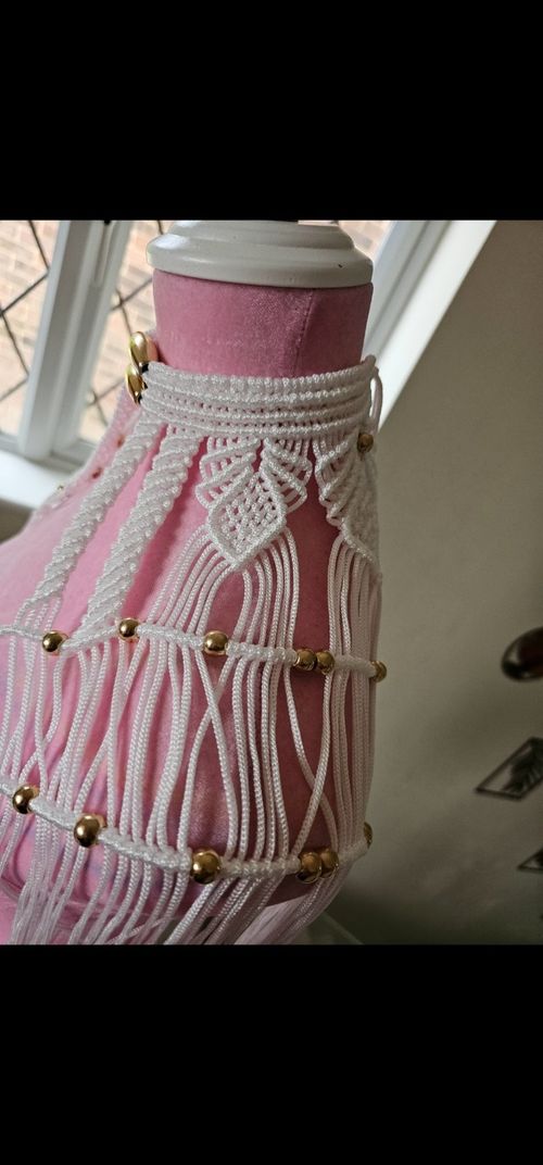White Cotton Macrame Body Chain Harness Necklace, Gold Tone Brass Beads Buckle — image 5