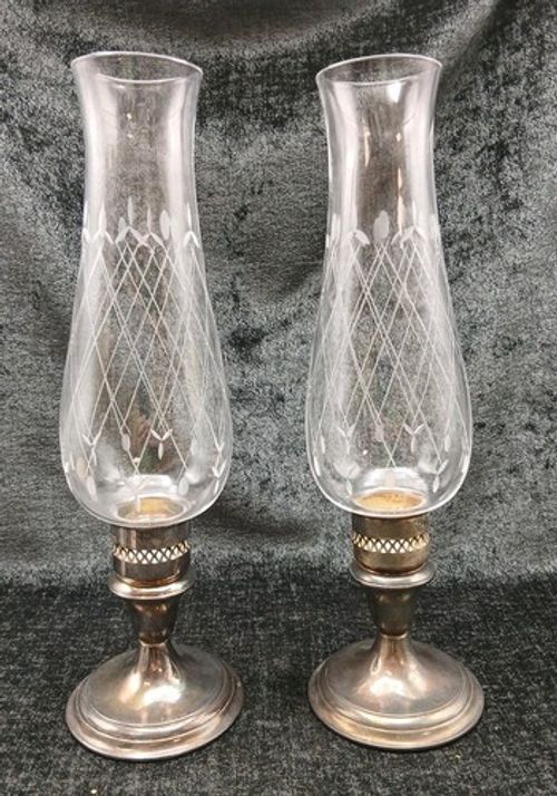 Pair Of Vintage Silver Plated Etched Glass Hurricane Lamp Candle Holders U1S4