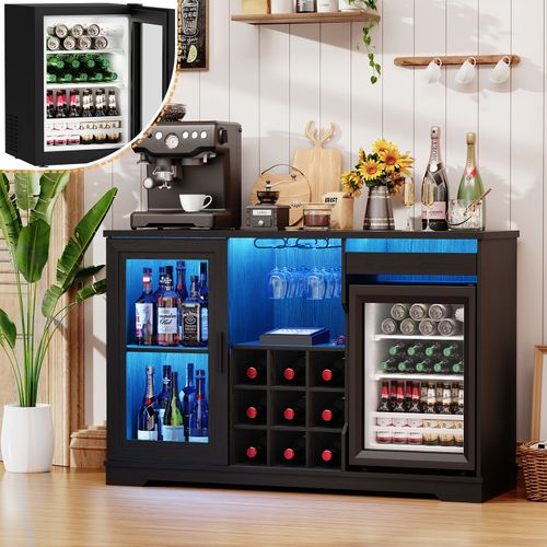 Coffee Bar Cabinet with Fridge, 47" Buffet Sideboard with Wine Rack & LED Lights — image 12
