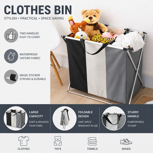 UK Laundry Basket Washing Dirty Clothes Folding Hamper Bag Storage Bin 3 Section
