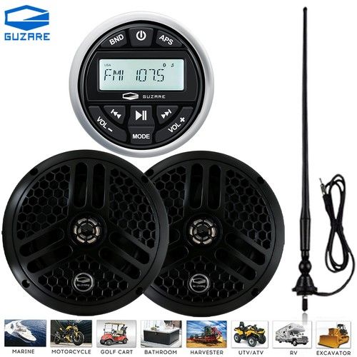 Guzare Marine Stereo Bluetooth FM AM Radio System w/ Black 240W Boat Speakers