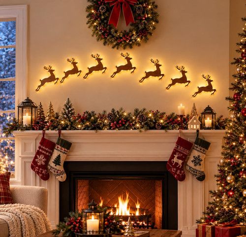 7 LED Reindeer Wall Decorations - Festive Christmas Lighting, 7Pcs 3D Light-Up