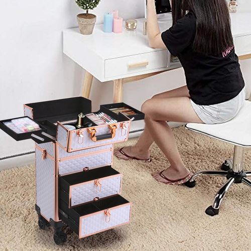 4 in 1 Makeup Trolley Case Vanity Cosmetic Hairdressing 2 Drawer Case on Wheels — image 11