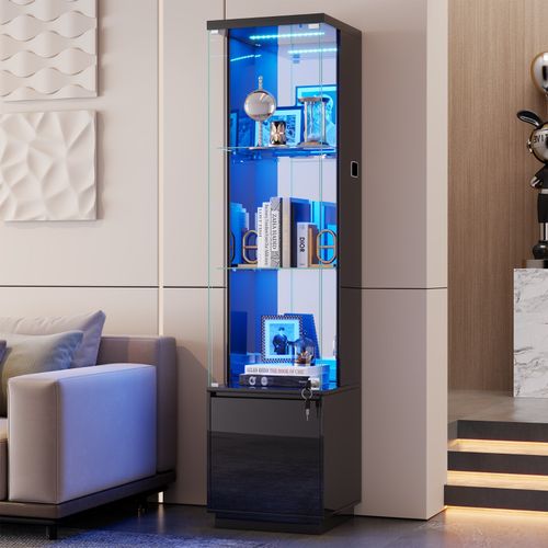 65" Tall Display Cabinet with Glass Doors, Curio Cabinet with 3 Color LED Lights — image 1