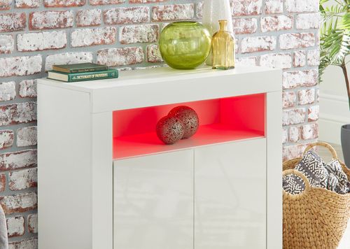White Gloss Sideboard Storage Cabinet 90cm 2 Door LED Lights Cupboard — image 11