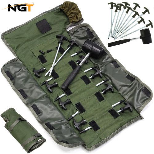 NGT 10 x 8" Bivvy Tent Pegs With Mallet & Case Heavy Duty Carp Fishing Camping