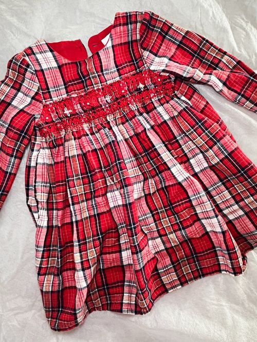 NEXT Girls Red Tartan Plaid Smocked Cotton Long Sleeve Knee Dress 12-18 Months — image 1