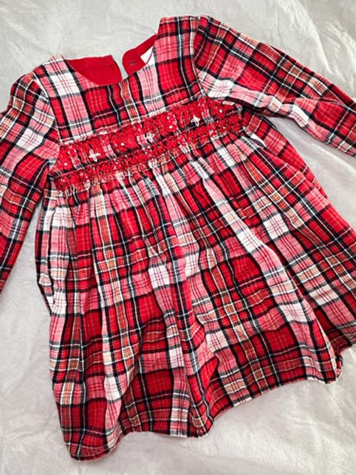 NEXT Girls Red Tartan Plaid Smocked Cotton Long Sleeve Knee Dress 12-18 Months