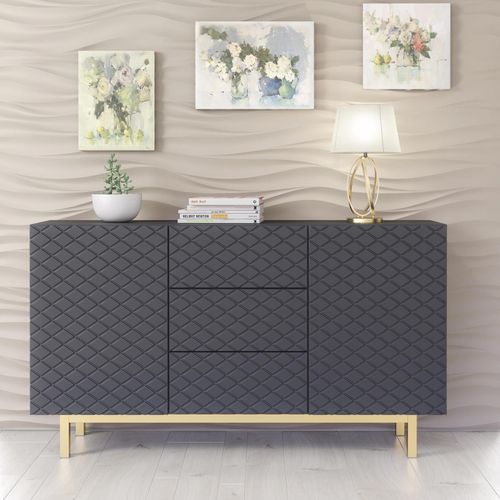 Sideboard Cabinet Diamond Pattern 3 Drawers 2 Doors Grey Gold Legs Storage 140cm — image 5