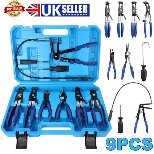 Automotive Flexible Hose Clamp Clip Pliers Set Swivel Jaw Flat Angled Band Tool
