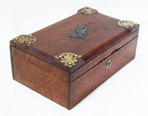 Antique Golden Oak Arts & Crafts Cigar Box Humidor Brass Mounts with Key