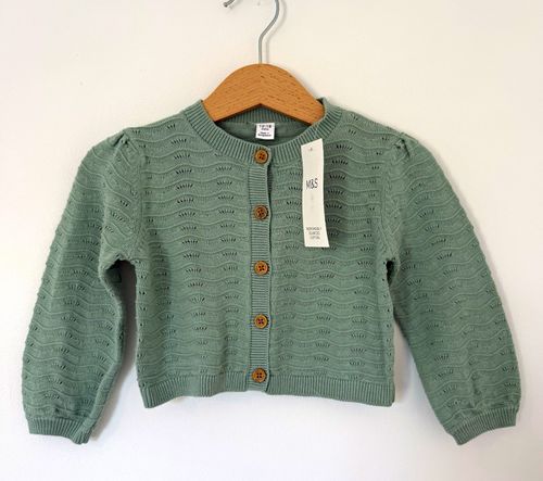 Marks & Spencer Green Cotton Knit Button Cardigan Long Sleeve 12-18 Months — image 1