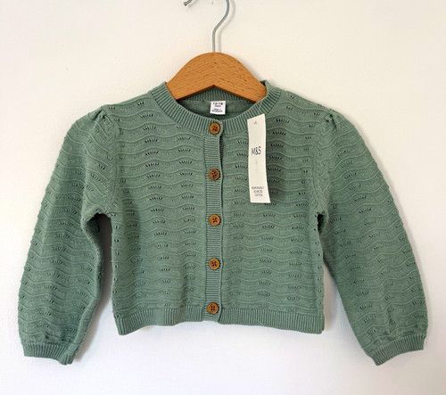 Marks & Spencer Green Cotton Knit Button Cardigan Long Sleeve 12-18 Months