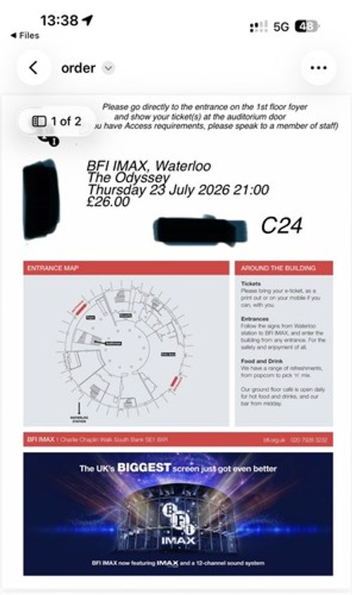 2x Tickets The ODDYSSEY IMAX BFI 23rd July 9pm