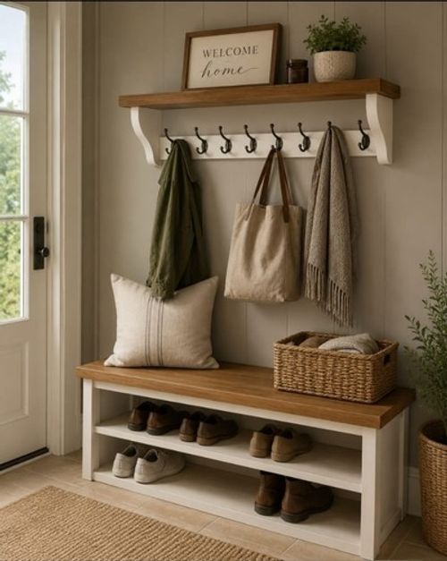 Coat Rack+Shelf Handmade Wall Mounted Floating Double Hooks Rustic  Farmhouse 
