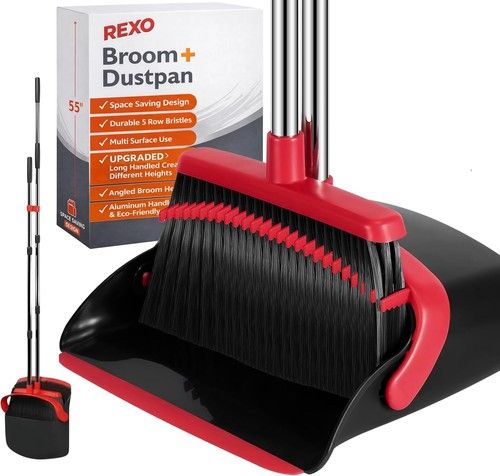 Broom and Dustpan Set Brush Long Handled Sweeping Indoor Tall Rotating Dust Pan