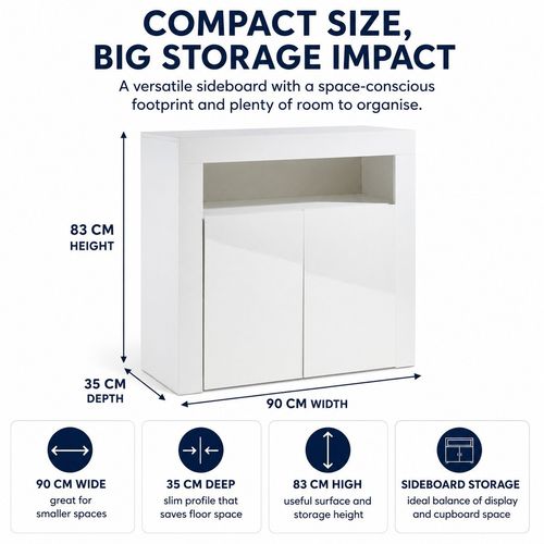 White Gloss Sideboard Storage Cabinet 90cm 2 Door LED Lights Cupboard — image 3
