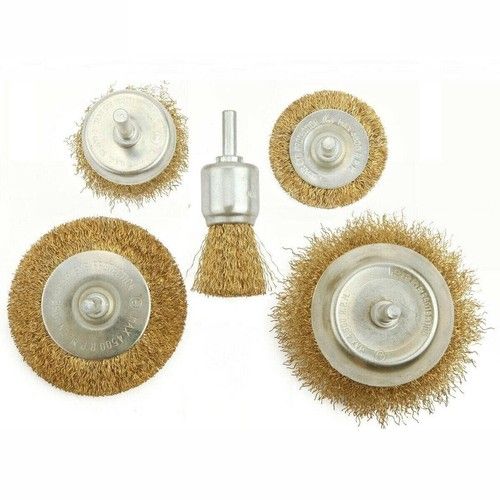 5 Pieces Brass Coated Wire Cleaning Wheel Cup Brush Drill Attachment Bit Set UK