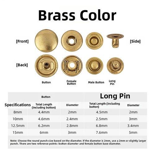 Snap Button Press Studs Round Head Brass Rivets Leather craft rapid repair DIY