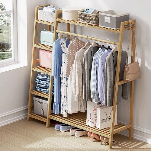 Heavy Duty Wooden Clothes Rail Rack Garment Hanging Stand Ladder Shelf Wardrobe