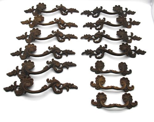 Lot of 13 Vintage Brass Metal Drawer Furniture Pulls A2801 A2802 French Scroll