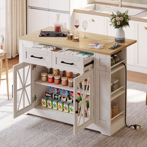 Kitchen Island, Storage Cupboard with Drop Leaf Countertop & Side Racks, White — image 1