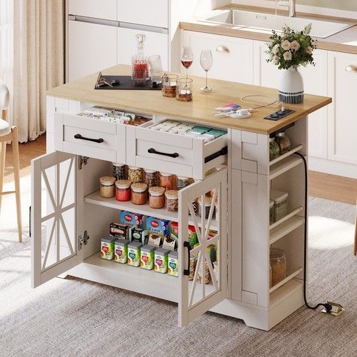 Kitchen Island, Storage Cupboard with Drop Leaf Countertop & Side Racks, White