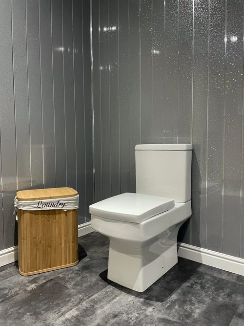 10 Grey Sparkle Chrome Strip Bathroom Cladding PVC Plastic Shower Wall Panels — image 2