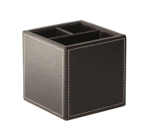 Osco Faux Leather Pen Pot, 3-Section Square Desk Tidy & Pencil Holder, Brown 