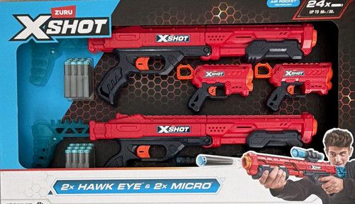 ZURU X-Shot Dart Blaster Set: 2x Hawk Eye & 2x Micro Red, 24 Darts