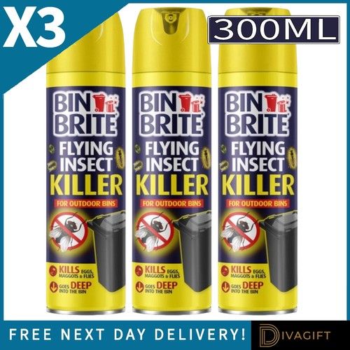 3 x BIN BRITE FLY KILLER SPRAY 300ML OUTDOOR BIN MAGGOT EGG CONTROL EASY TO USE