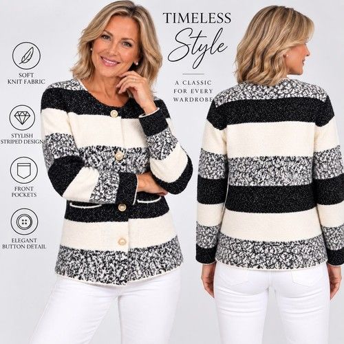 Ladies Thick Knit Cardigan Sparkle Pearl Button Colour Block Jumper Winter NEW