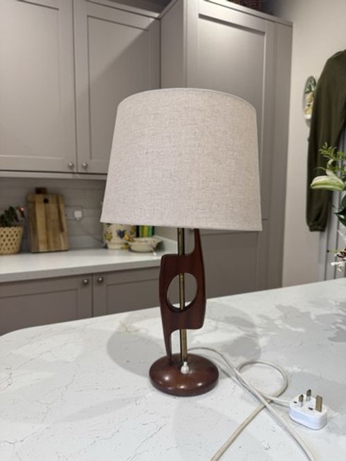 Vintage Mid Century Wooden Table Lamp Sculptural Walnut Teak Style Brass & Linen