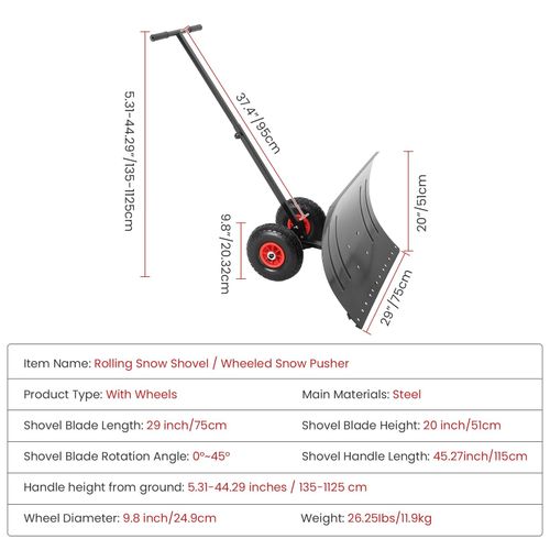 Wheeled Snow Pusher Adjustable Handle Back-Saving Snow Removal For Driveway Yard — image 6