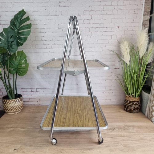 Vintage 2 Tier Folding Tea Trolley Metal Wood Effect Trays Serving Hostess Retro — image 4