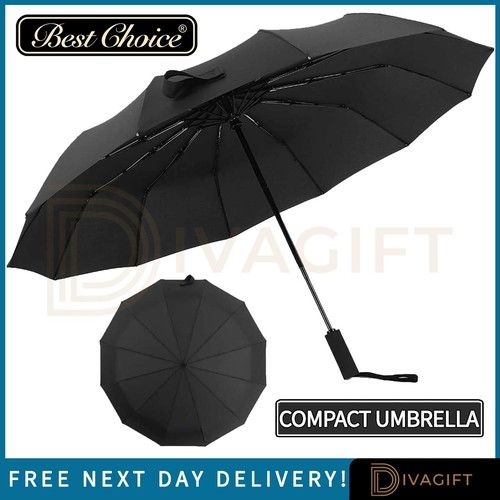 BLACK UMBRELLA 8 RIB STRONG WINDPROOF OPEN CLOSE FOLDING COMPACT TRAVEL NEW
