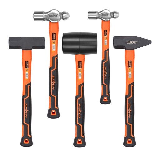 5PC Hammer Set 16oz 32oz Ball Pein 32oz Rubber Mallet 3lb Sledge 3lb Cross Peen