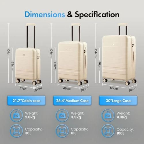 VonHaus 3 Piece Cream Hard Shell Suitcase Set TSA Lock Spinner Wheels 2020031 — image 3