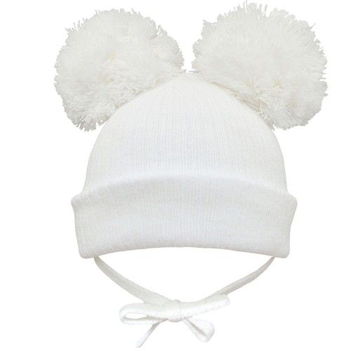 Baby Pom Pom Beanie Hat Double Bobble Cap Strap Boy Girl NB 0-3 3-6 6-12 12-18