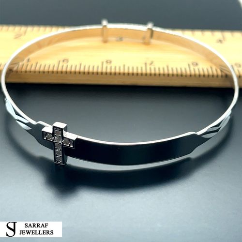 Personalized 925 Sterling Silver Christening Baby Bangle D/C Cz Cross Engravable — image 6