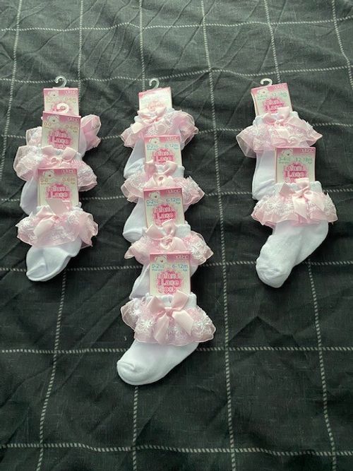 Baby Girls Lace and Bow Frilly Socks White and Pink Various Sizes — image 2