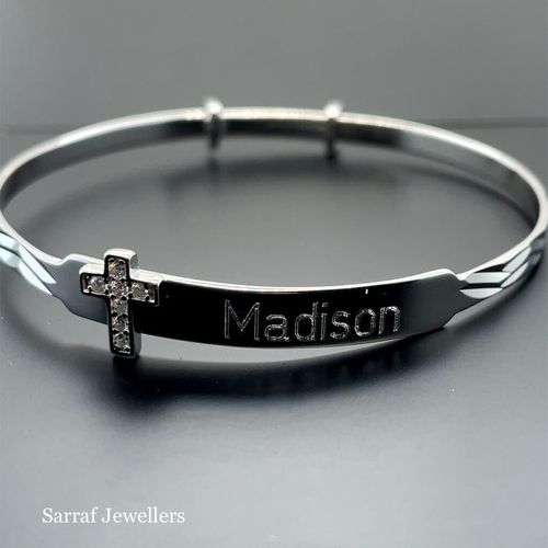 Personalized 925 Sterling Silver Christening Baby Bangle D/C Cz Cross Engravable — image 21