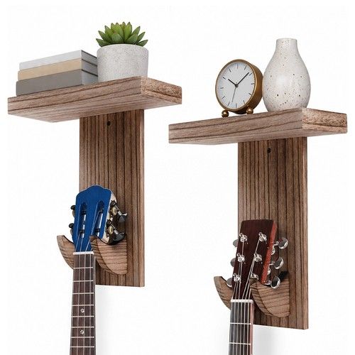 2 Pack Guitar Wall Mount with Shelf, Wooden Guitar Hanger Wall Hook Holder
