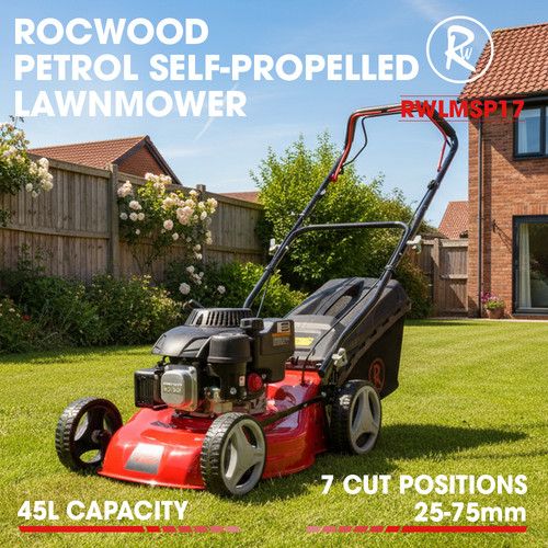 Petrol Lawnmower Self Propelled RocwooD 132cc 17" Mower Lawn Garden 45L Grass