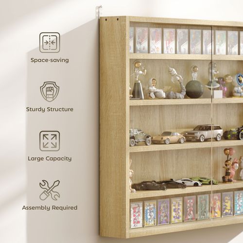 5 Tier Wall Display Shelf Unit Cabinet with 4 Adjustable Shelves Glass Doors Oak — image 6