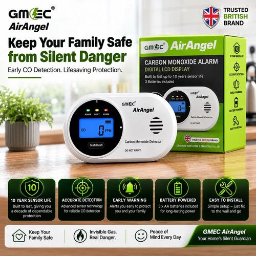 Carbon Monoxide CO Alarm LCD Display 10 Year Sensor Battery EN50291 GMEC