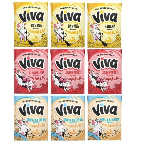 Viva Flavoured Milk Cartons 9 x 200ml 3xStrawberry 3xBanana 3xVanilla Ice Cream