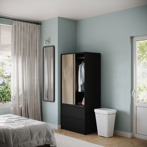 2 Sliding Doors Wardrobe 2 Drawer Bedroom Clothes Hanging Rail Storage Cupboard — image 2