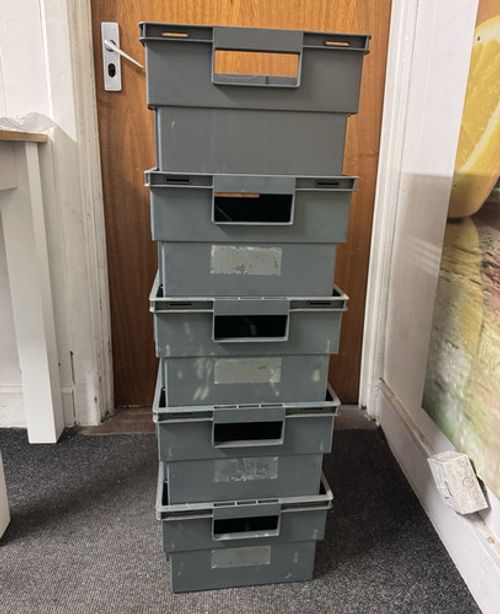 5x Grey Stackable Plastic Warehouse Storage Boxes Lot, stackable containers