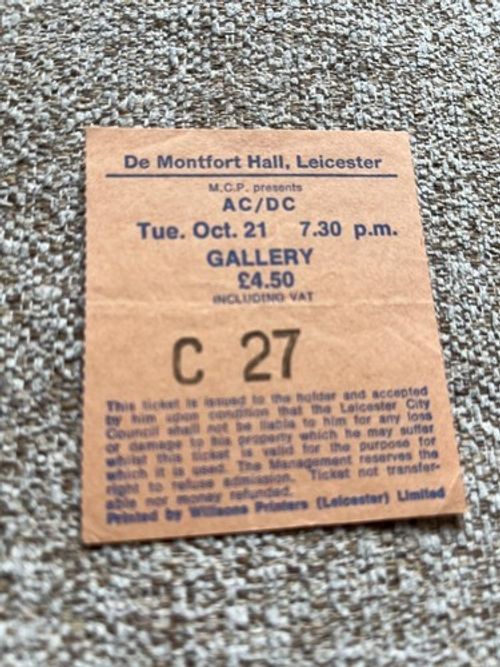 AC/DC ticket De Montfort Leicester 21/10/80 #C27 Back In Black tour Tour